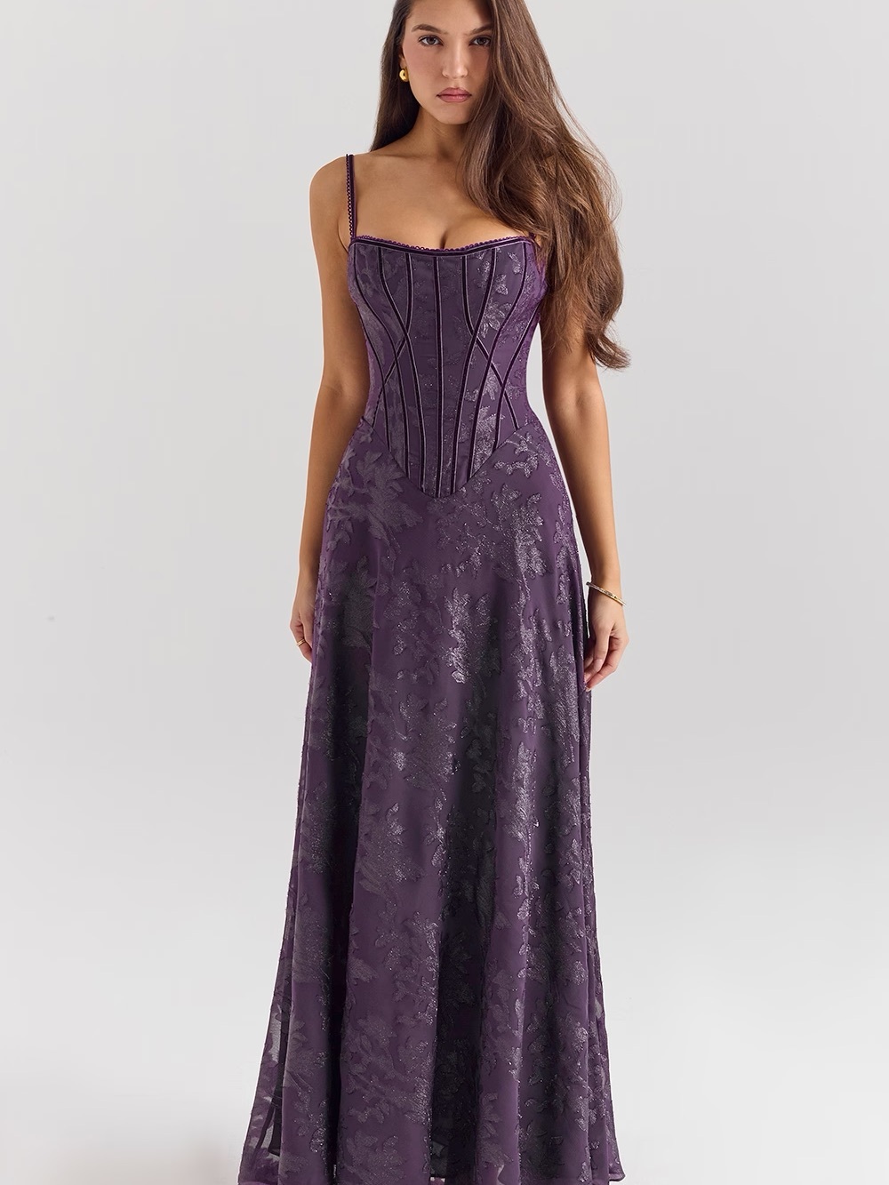 House of CB Plum Jacquard Corset Maxi Dress